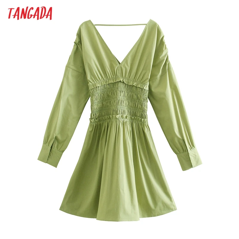 

AOMO 2021 Autumn Fashion Women Green Backless V Neck Dress Long Sleeve Ladies Mini Dress 2W106A