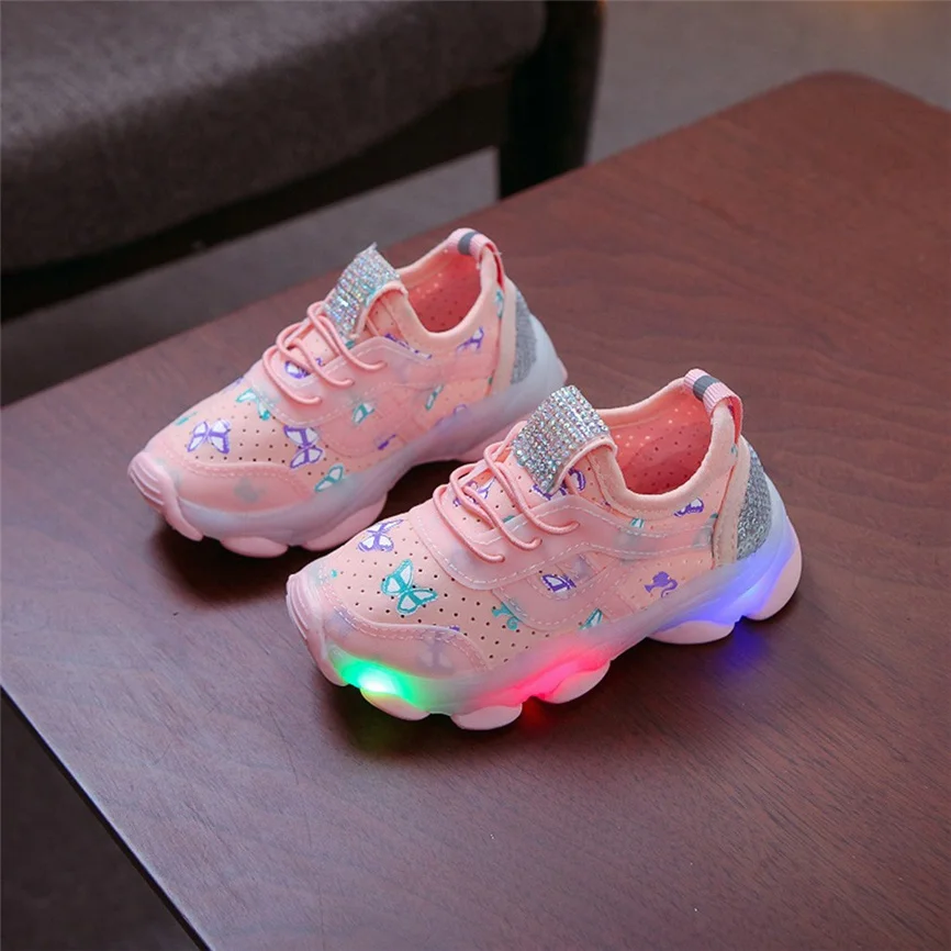 Children Shoes Kid Baby Girls Sneaker Sweet Butterfly Crystal Led Luminous Sport Run Sneakers Casual Print Rhinestone Shoe | Детская