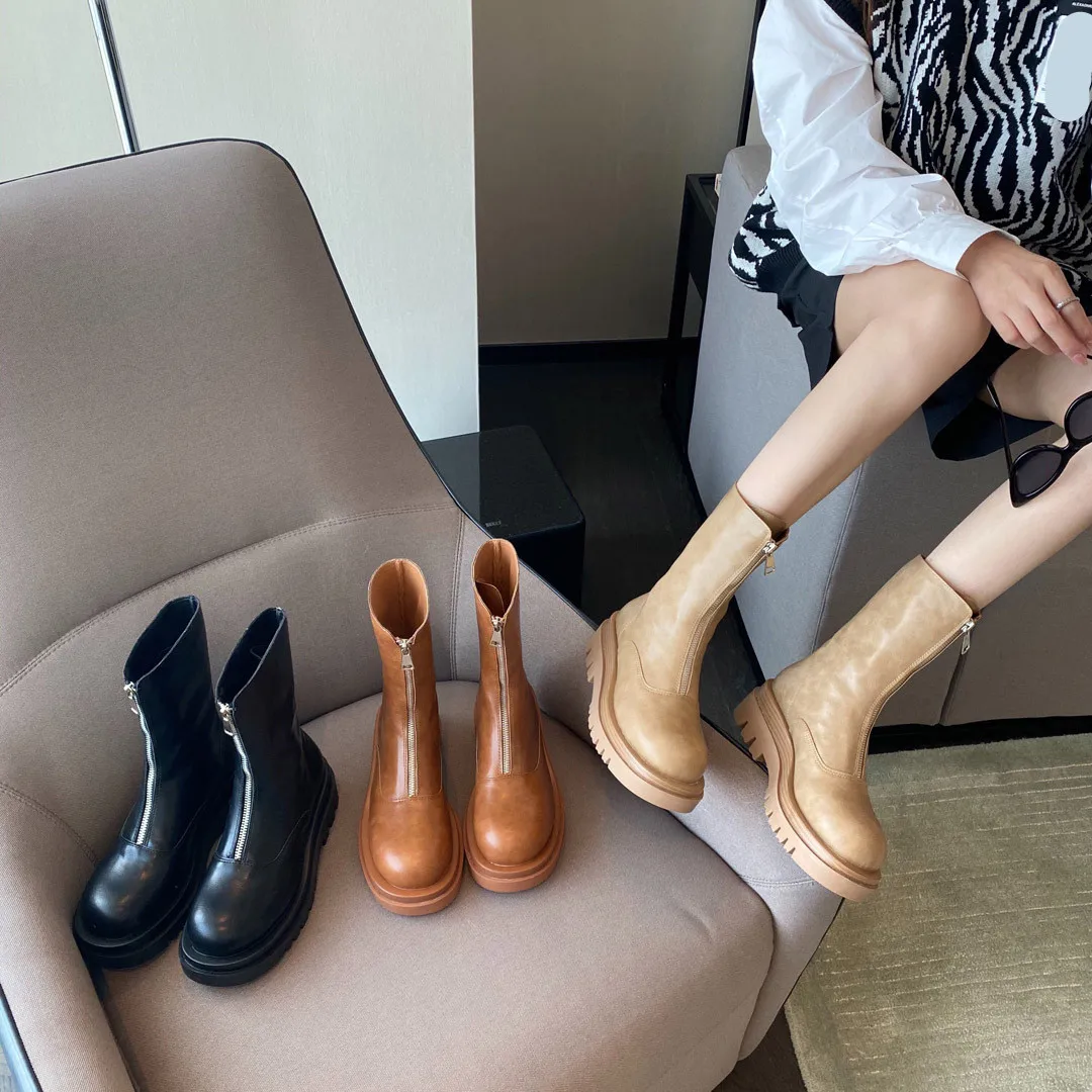 

Boots Shoes Boots-Women Round Toe Chelsea 2021 Rubber Rock Ladies Autumn Med Hoof Heels Flock Fabric Microfiber Sewing Solid Sl