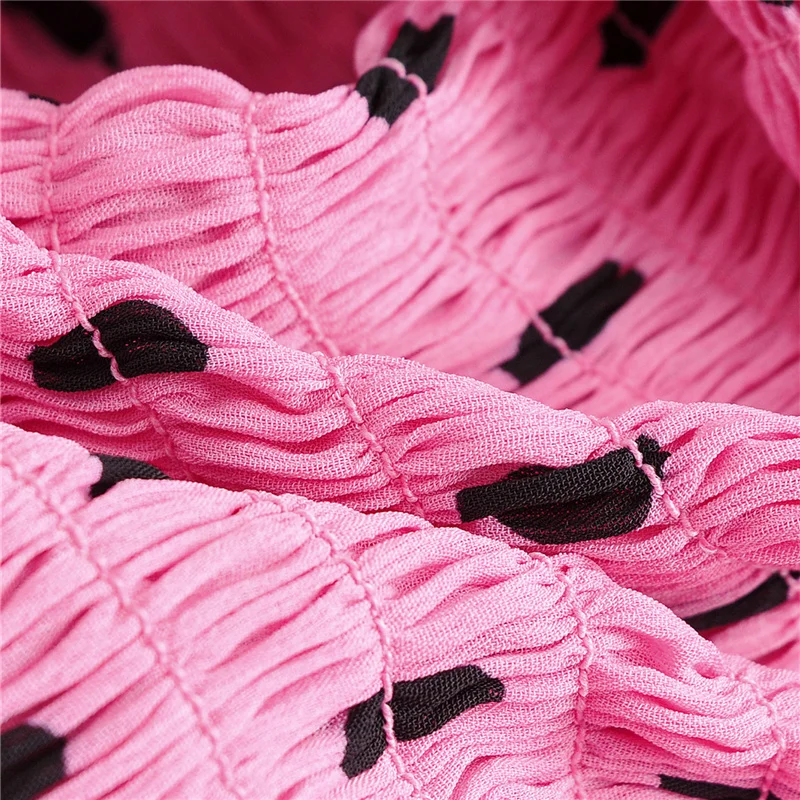 

ShinySweety 2021 Summer Fashion Woman Pink Stretchy Polka Dot V Neck Ruffles Mini Dress Female Sweet Puff Sleeve Party Dresses