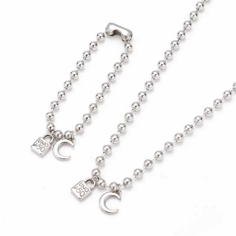 

Fashion Stainless Steel Bracelet Necklace Simple 6mm Bead Chain Lettering Lock Moon Pendant Woman Man UNO 50 Jewelry
