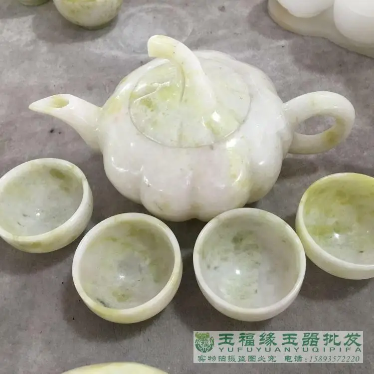 Китай ручной работы Нефрит Резьба Натуральный Камень чайник и чайная чашка