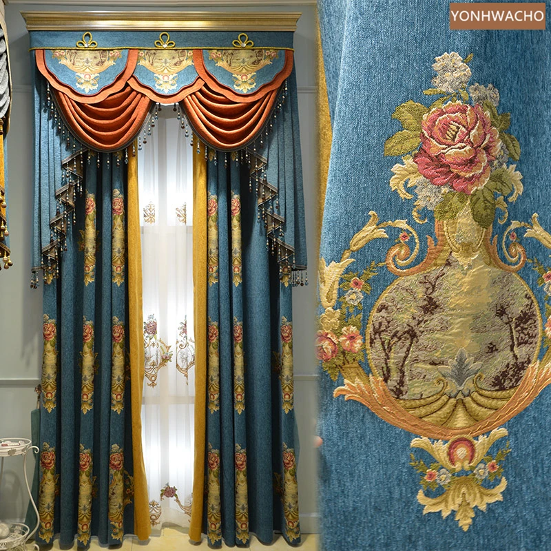 

Custom curtain Villa American Luxury Chenille Jacquard Bedroom Thick blue cloth blackout curtain valance tulle drape C838