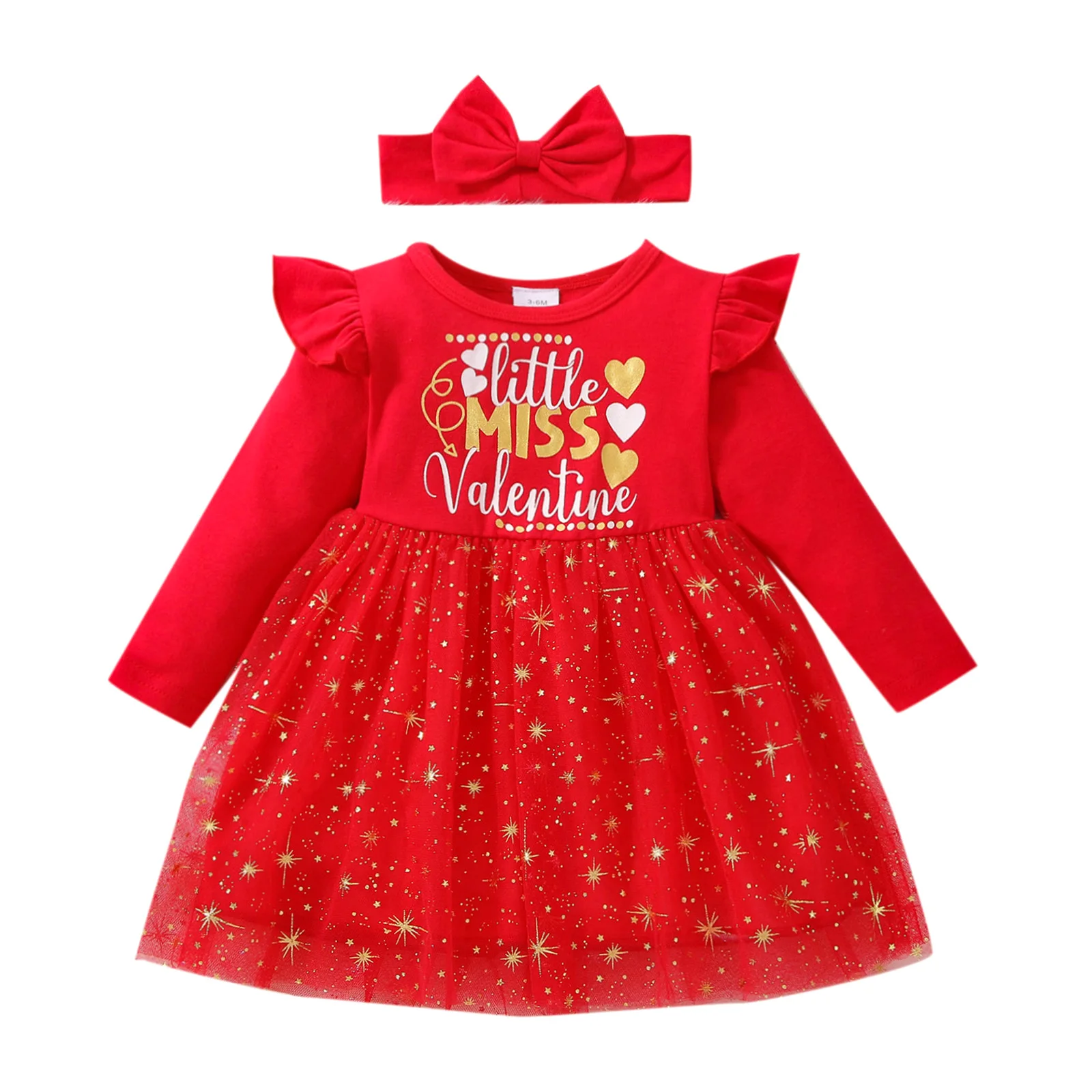 

Emmababy 2022 Valentine's Day Girls Outfit Letter Printing Lace Mesh Splicing Round Collar Long Sleeve Princess Dress Headwear