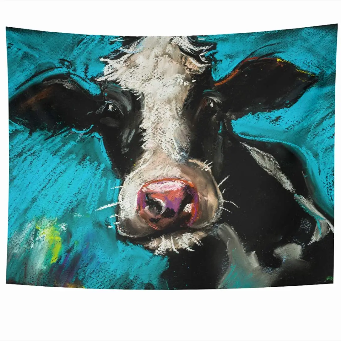 Pintura Original de vaca azul Pastel en cart&oacute;n, mascotas, granja verde moderna, cabeza divertida, tapices de leche-0