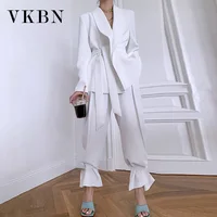 VKBN Two Piece Set Women Casual Full Sleeve White Suit and Pants High Waist Straight Trousers Set Spring Autumn 2021