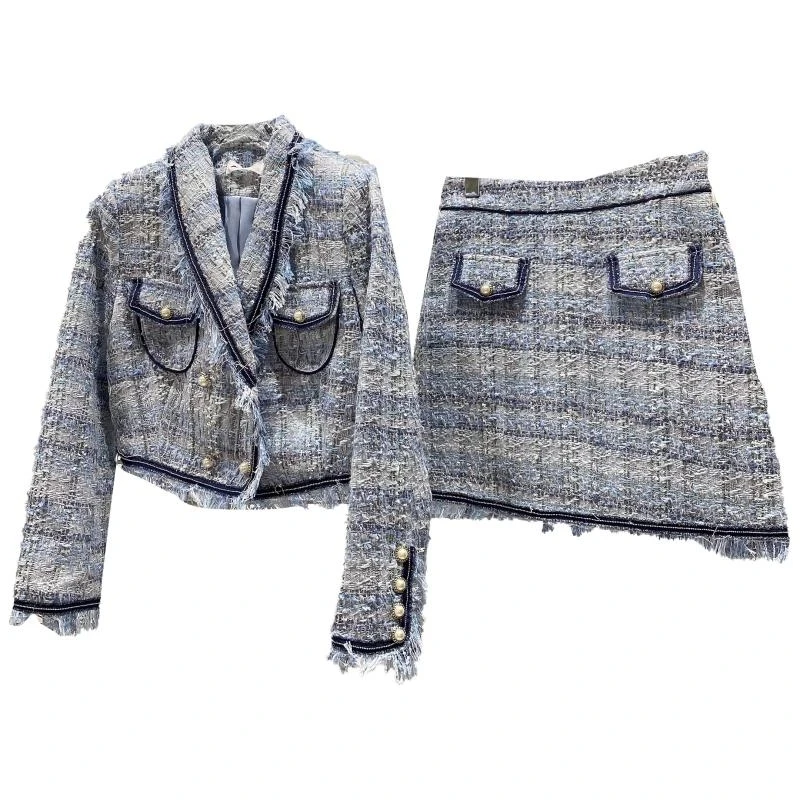 

Two-piece Femme 2021 Fall Tweed Suit New Tweed Frayed Suit Jacket + Mini Skirt 2-piece Set