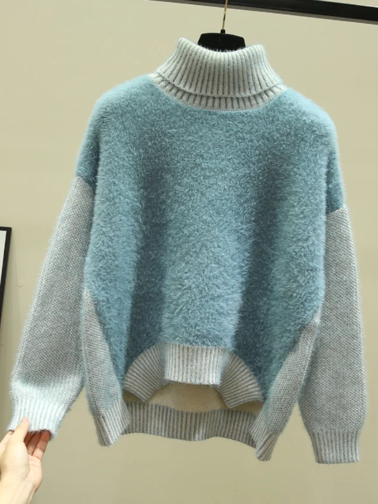2021 Winter Turtleneck Patchwork Women Sweaters Loose Thicken Warm Lady Elegant Pulls Fashion Outwear Coat Tops | Женская одежда