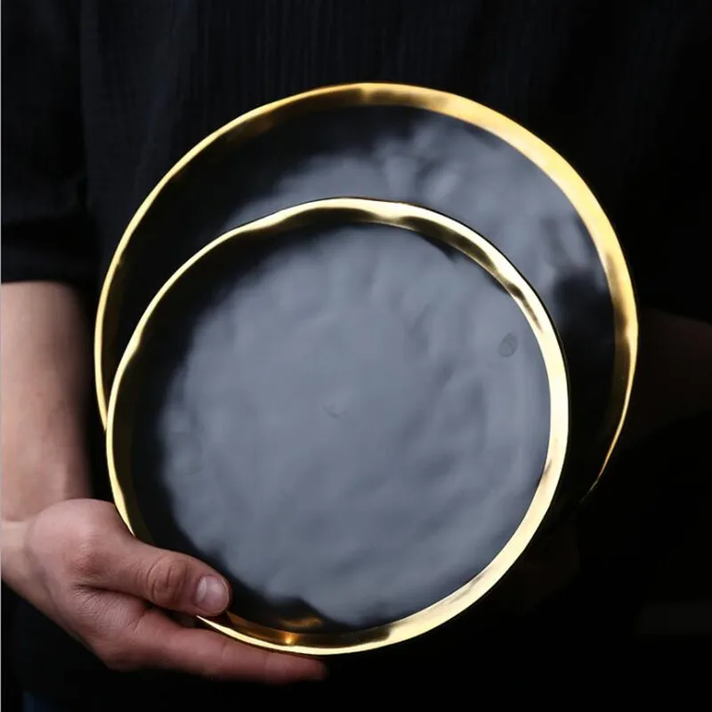 

European Style Gold Side Black Plate Retro Tableware Matte Steak Dish Dessert Tray Kitchen Dinner Plates Ceramic Dishes Plates