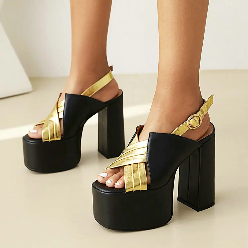 

Black Green White Summer Women High Heel Shoes Platform Square High Heel Ladies Sandals PU Leather Mixed Color Party Shoes 2022