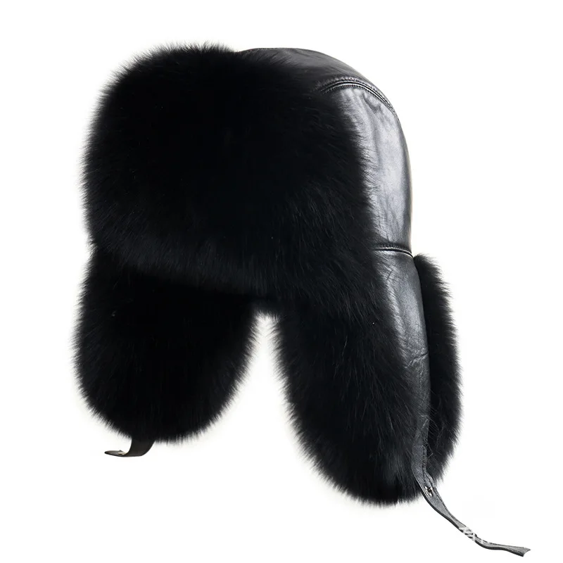 New Men Outdoor Windproof Winter Natural Real Fox Fur Bombers Hats Quality Raccoon Fur Cap Man Luxury Real Sheepskin Leather Hat