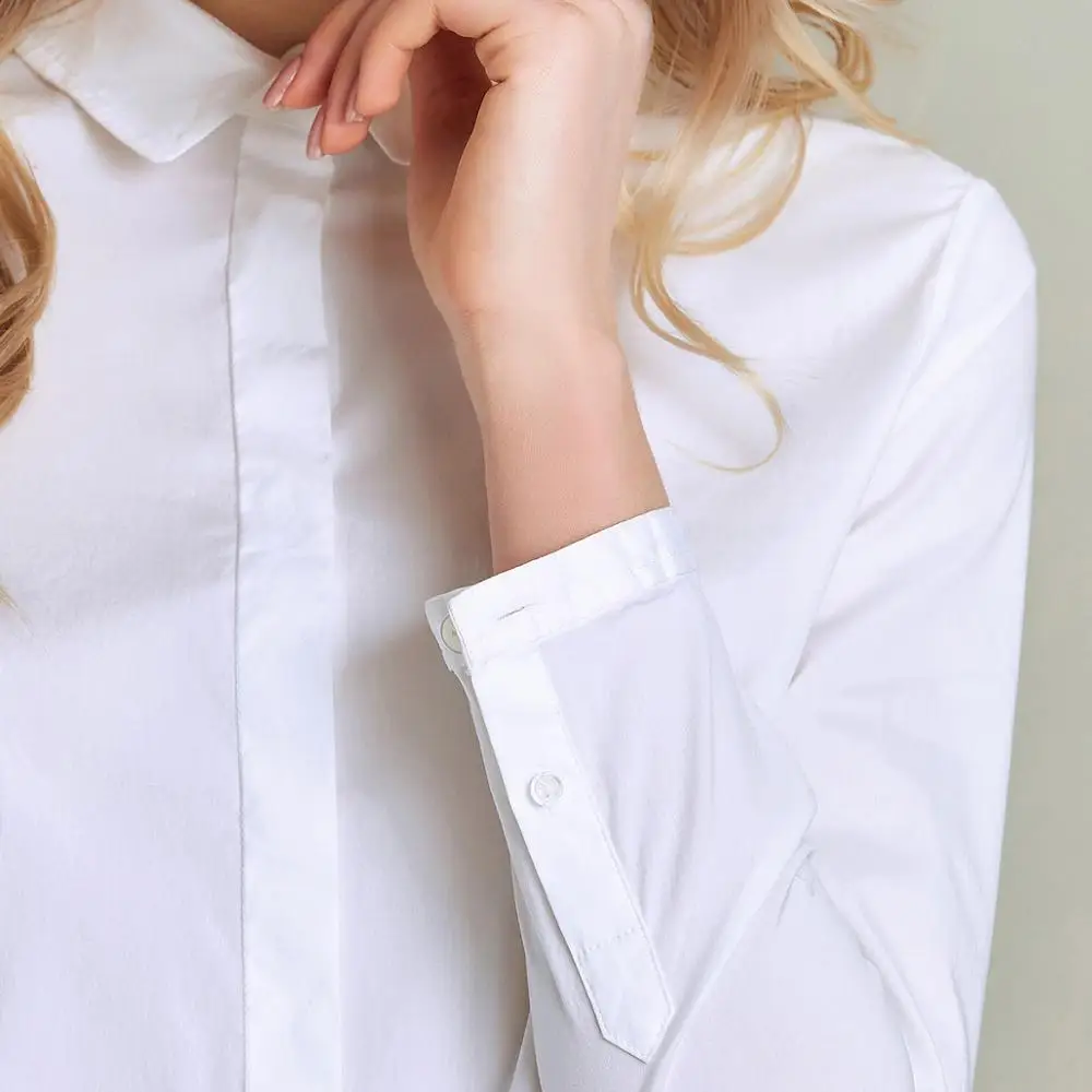 Женская однобортная хлопковая рубашка HAVVA однотонная белая блузка с длинным