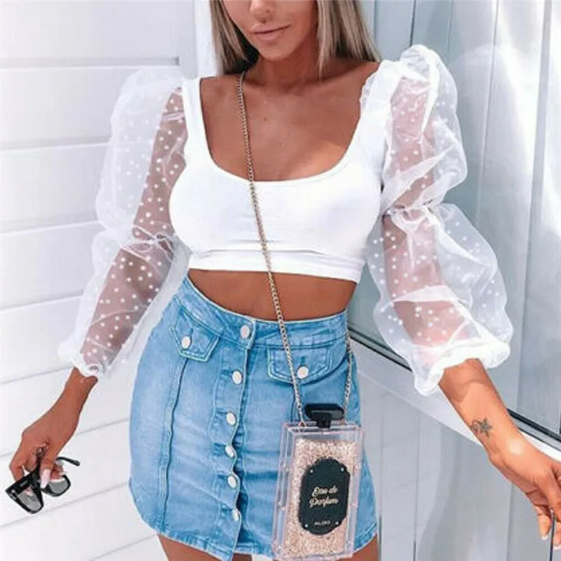 Women off shoulder blouse slim fit crop tops Fashion long sleeve Summer fall pullover top OL Beach Mesh Dots see through Clothes | Женская