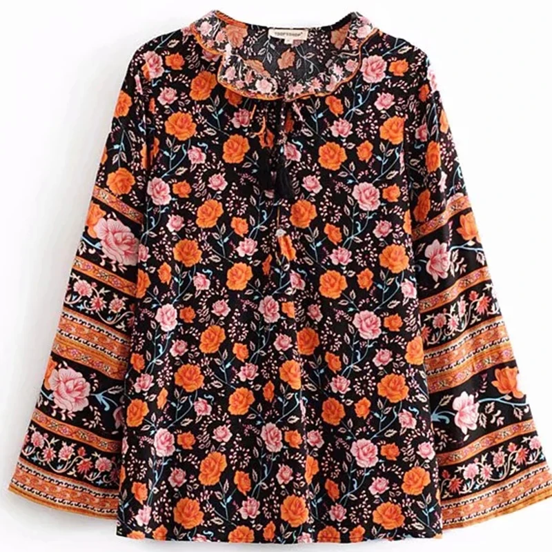 Цветочный принт Топы с длинным рукавом Блузка элегантная женская Свободная