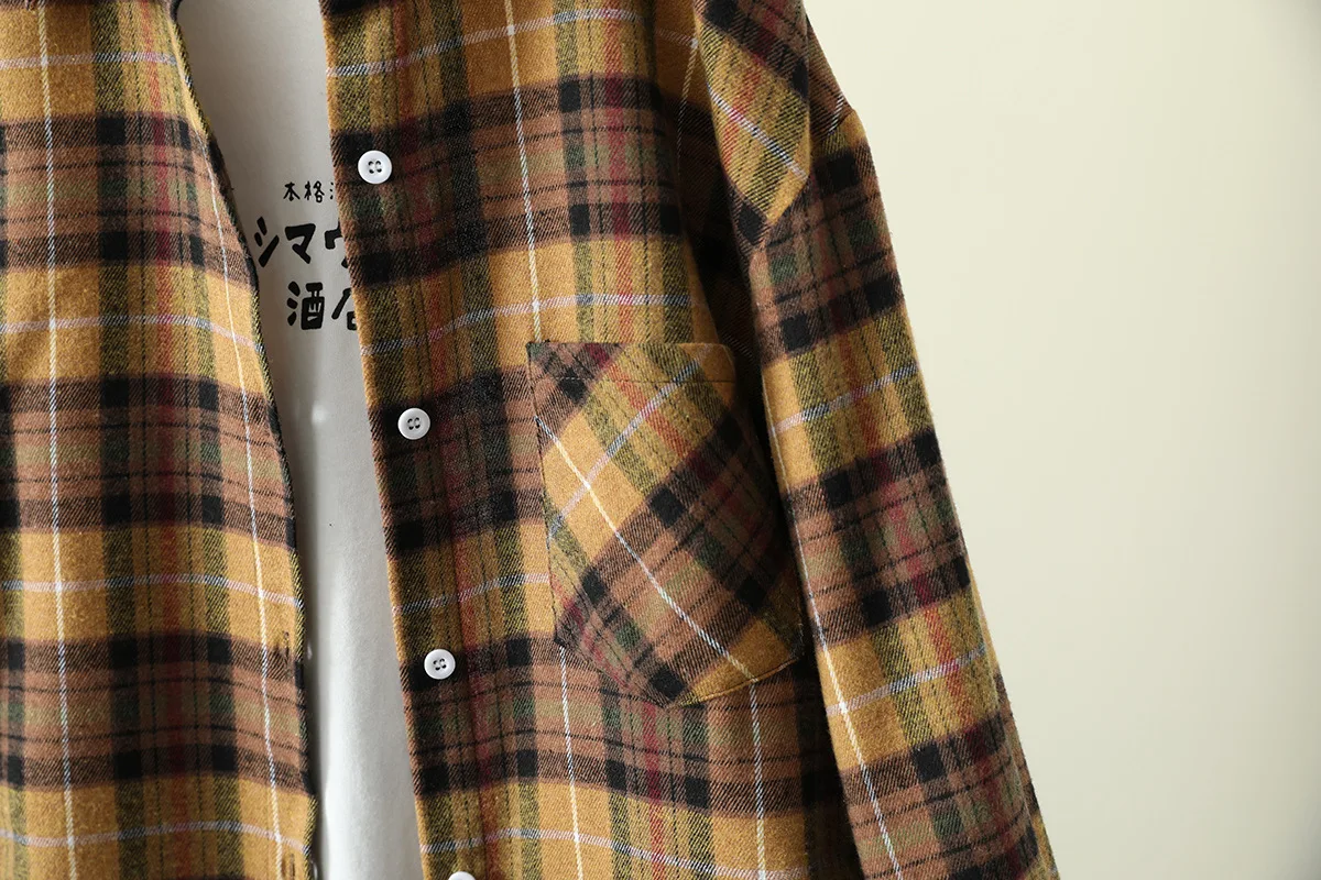 Клетчатые рубашки с отворотами в Корейском стиле свободная блузка Женская