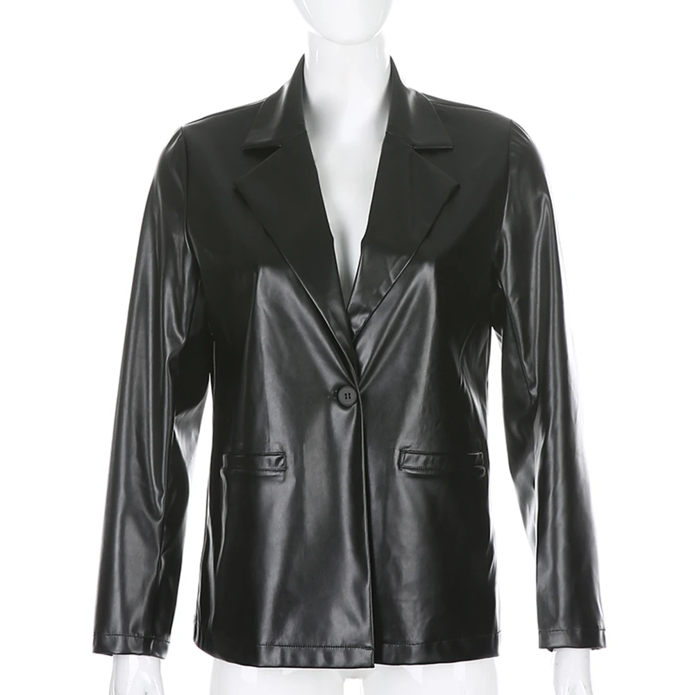 

Women Pu Leather Jacket Streetwear Gothic Vintage Style Fashion Coat Autumn Solid Color Loose Lapel Cardigan
