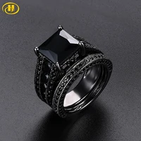 hutang vintage double ring sets black rhodium plated 925 sterling silver black zircon cz wedding engagement jewelry for womens