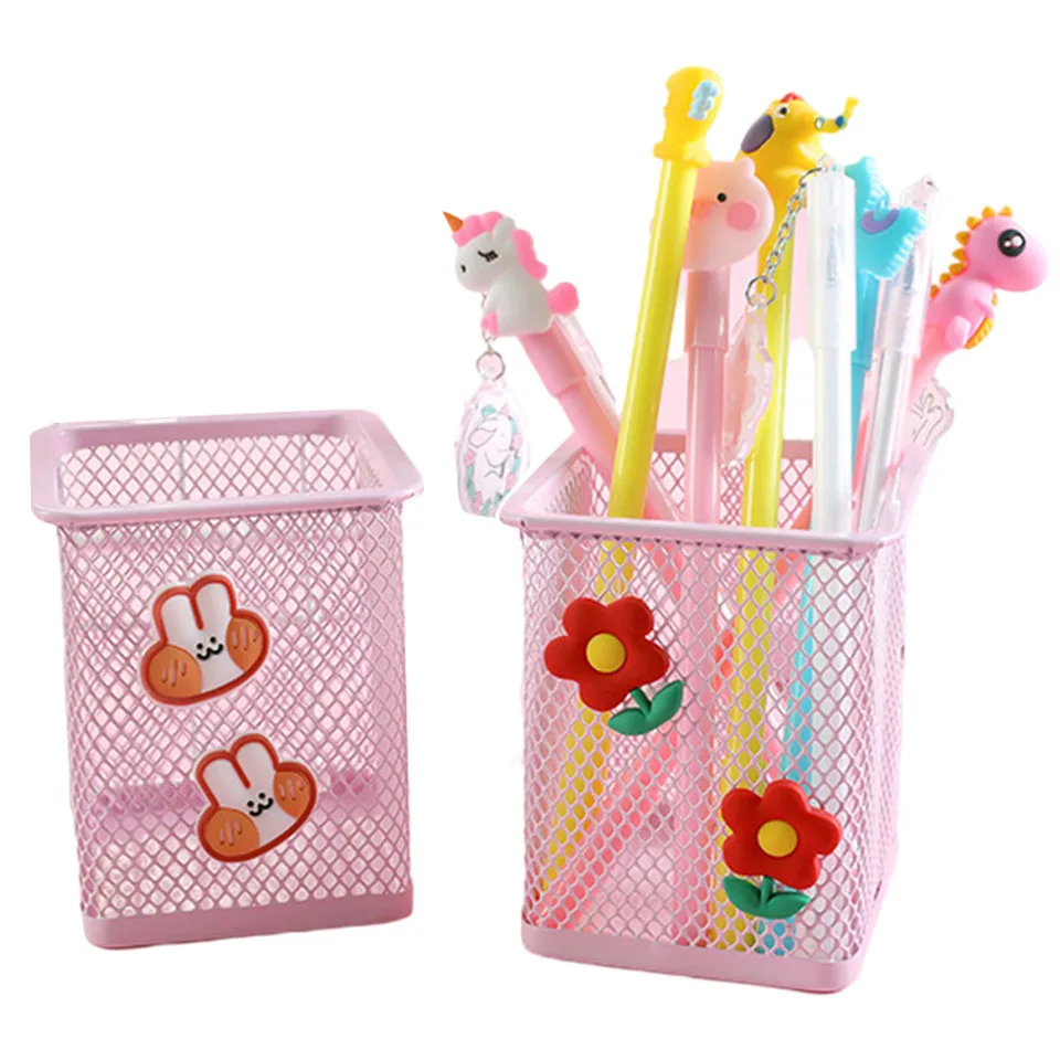 

1pc Pink Metal Pen Holder Desktop Organizer Cosmetic Storage Square Pencil Pen Stand Stationery Container Office School Supplies