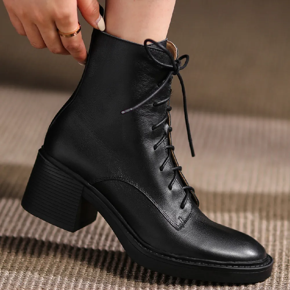 

Women's genuine leather thick med heel sqaure toe lace-up autumn ankle boots round toe side zip short martin boots casual shoes