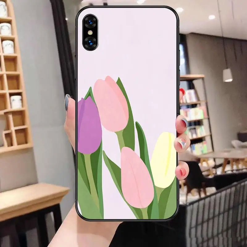 

3D Leather tulip flower pattern Phone Case For Black-Iphone 5 5s se 6 6s 7 8 11 12 X Xs Xr Pro Plus Max Mini Cover