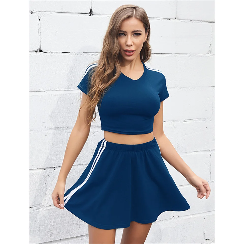 

2 PCS Women Summer Sportswear Suits Solid Color Striped Short Sleeve Top High Waist Skirt Gym Fitness Sport Running Clothing Set