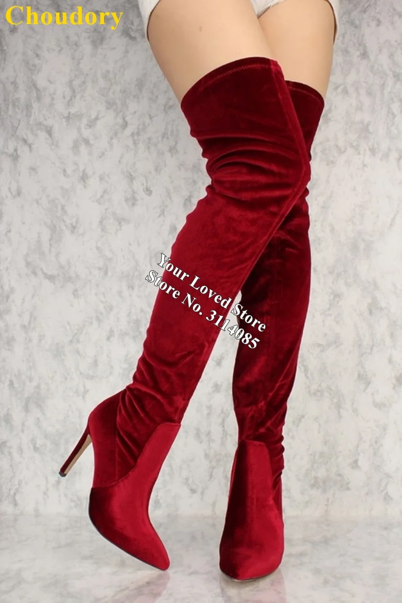 Choudory Wine Red Crushed Velvet Over The Knee Boots Chunky Heels Thigh High Luxury Women Dress Shoes Dropship | Обувь