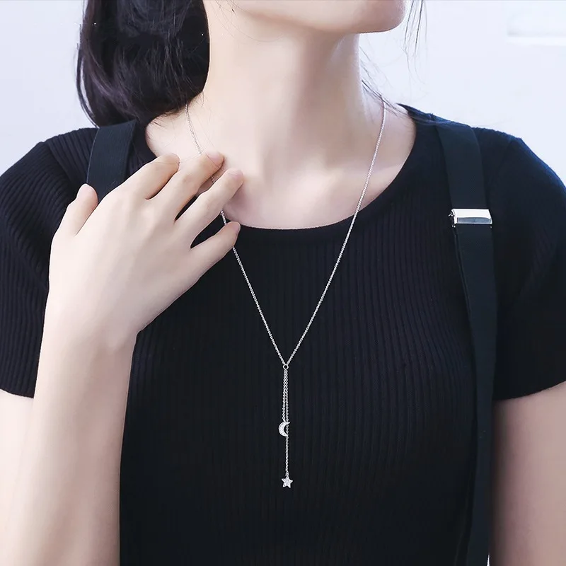 Япония и Корея простой модный микро-мозаика звезда-луна кулон свитер цепь