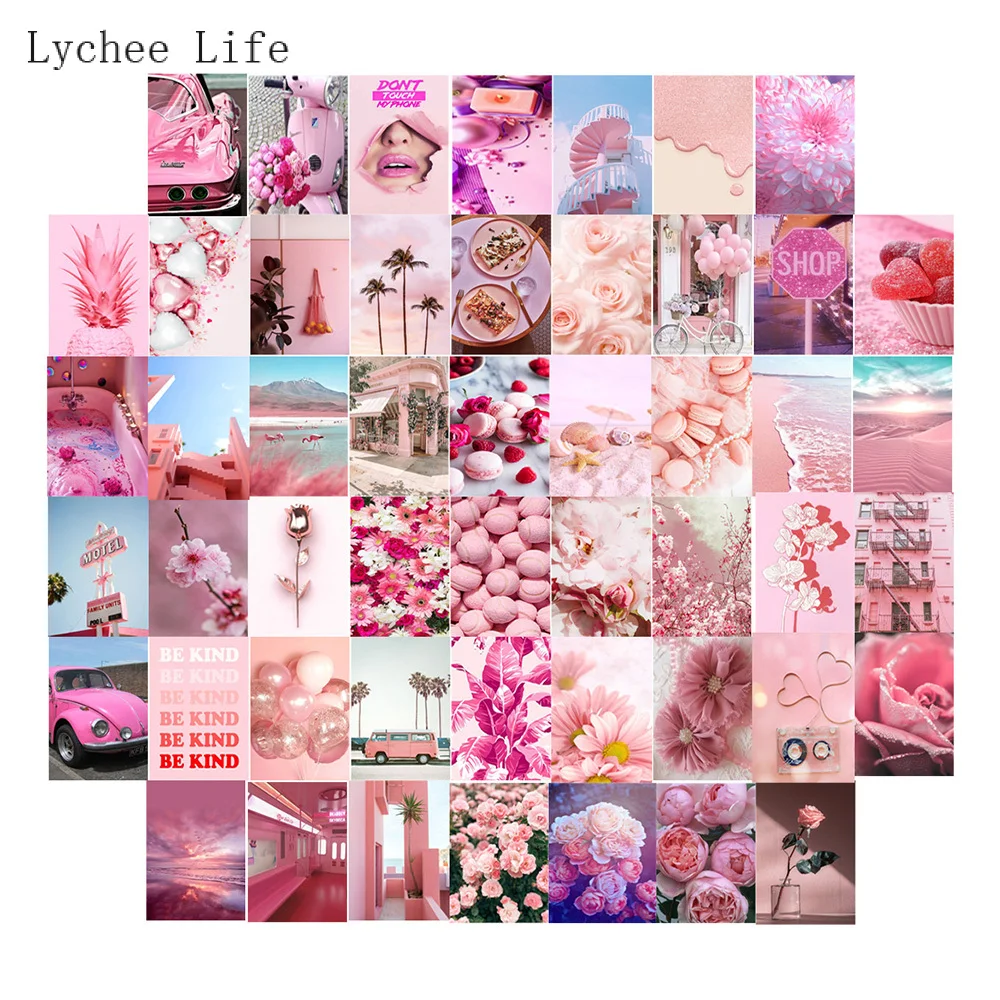 Lychee Life 50 Uds Color rosa pared art&iacute;stico de recortes etiqueta Collage Kit moderno flor minimalista plantas foto cartel Decoraci&oacute;n-0