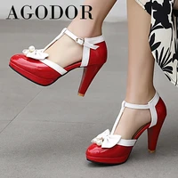 agodor t strap extreme high heels women shoes platform block heel pumps bow buckle dress footwear ladies spring pink big size 48