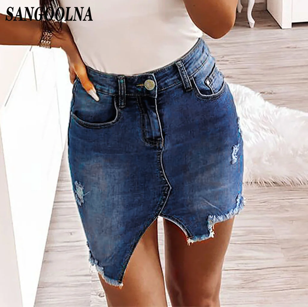 Брендовая Новая женская трендовая Ретро потертая Асимметричная джинсовая юбка