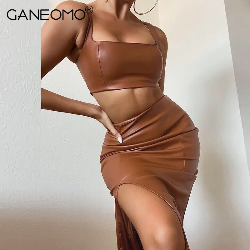 

Vacation Outfits PU Leather Long Dress Set Women Sexy Sleveeless Tanks Crop Tops Bodycon Skirts Suits Party Club Two Piece Sets