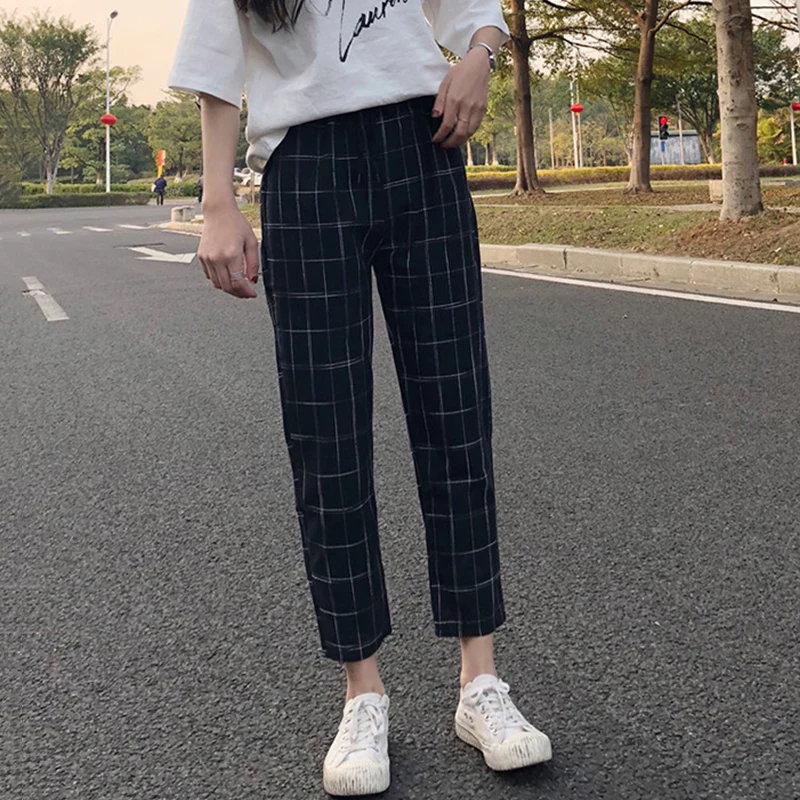 

Plaid Casual Pants Spring 2021 New Female Korean Loose Straight Leg Pants Student Harem Trousers Streetwear Women Harajuku
