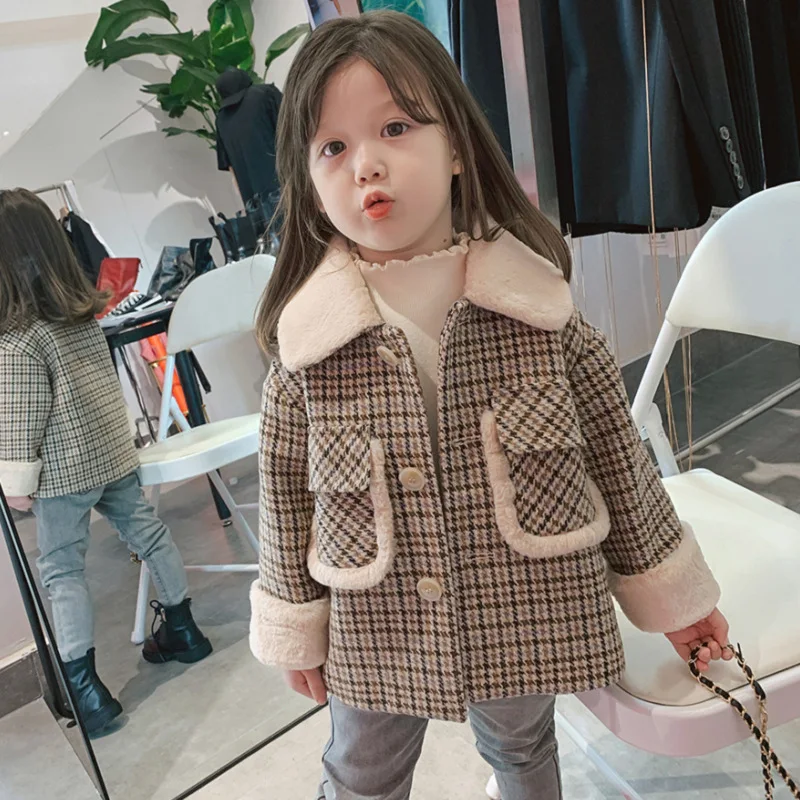 

New Toddler Girl's Coat Grid Fur Collar Clip Cotton Thick Coat Autumn and Winter Clothing Children's Clothing Kids Outerwear