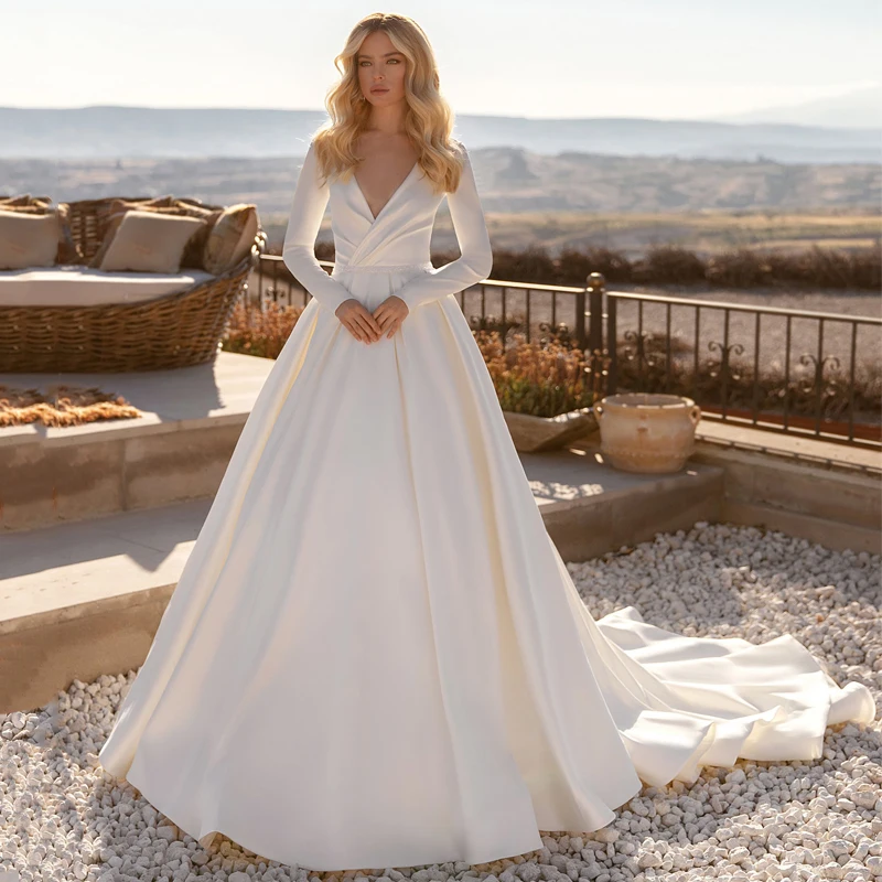 

Long Sleeves V Neck Satin Wedding Dress Simple Elegant Ruched Drop Ship Plain Soft Off White Long Train Bridal Ball Gown