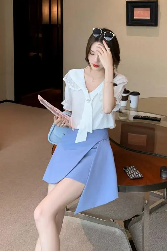 

COIGARSAM French Style Lace blouse women New Summer Chiffon blusas womens tops and blouses White 1721