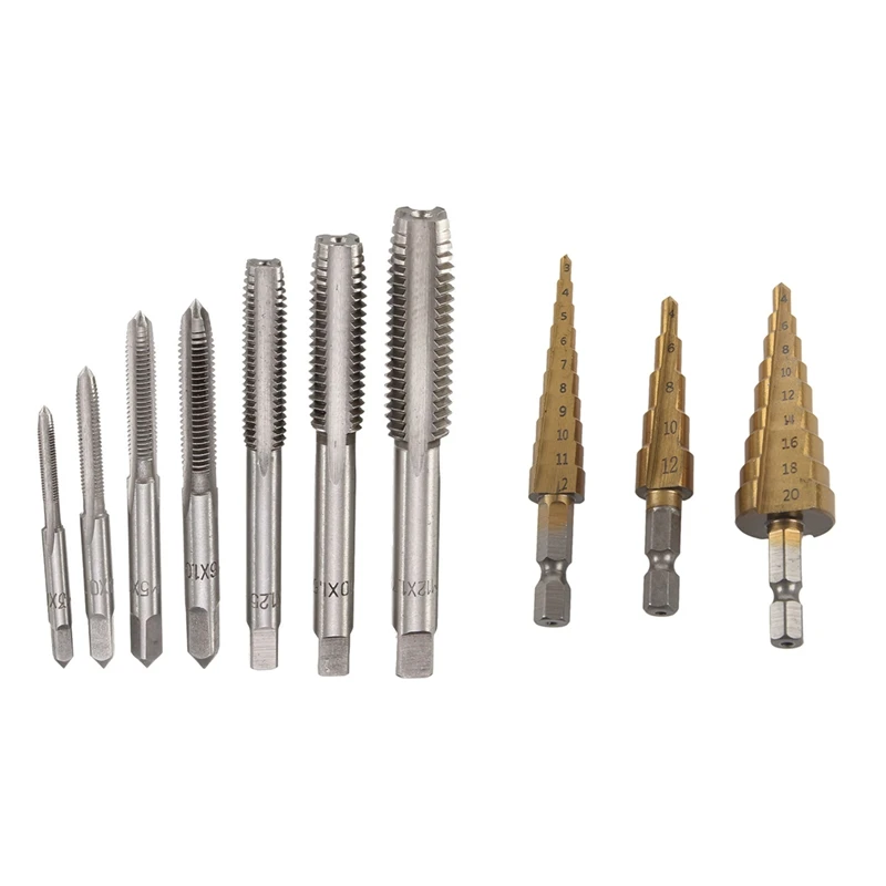 

7Pcs M3 To M12 Metric Taper Plug Tap Drill Bit Kit & 1 Set 1/4-Inch Hex Shank 3-12 4-20 4-12Mm Step Drill Bit Set