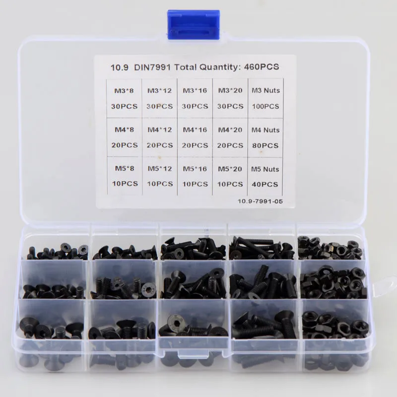 

460pcs Black High Strength M3 M4 M5 Hex Hexagon Socket Countersunk Head Screw Set Alloy Steel Flat Head Bolt and Nut Screw Set