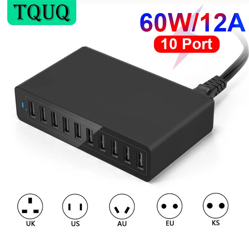 

Настольная USB-зарядка TQUQ, 60 Вт, 12 А, 10 портов