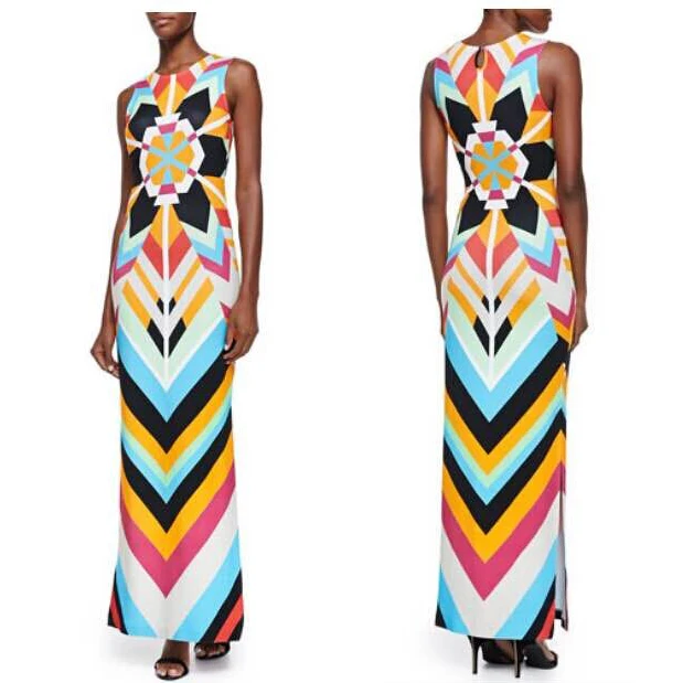 

Summer New Fashion Sleeveless Bohemian Beach Lengthened Geometric Rhombus Stretch Knitted Slim Long Dress for Women