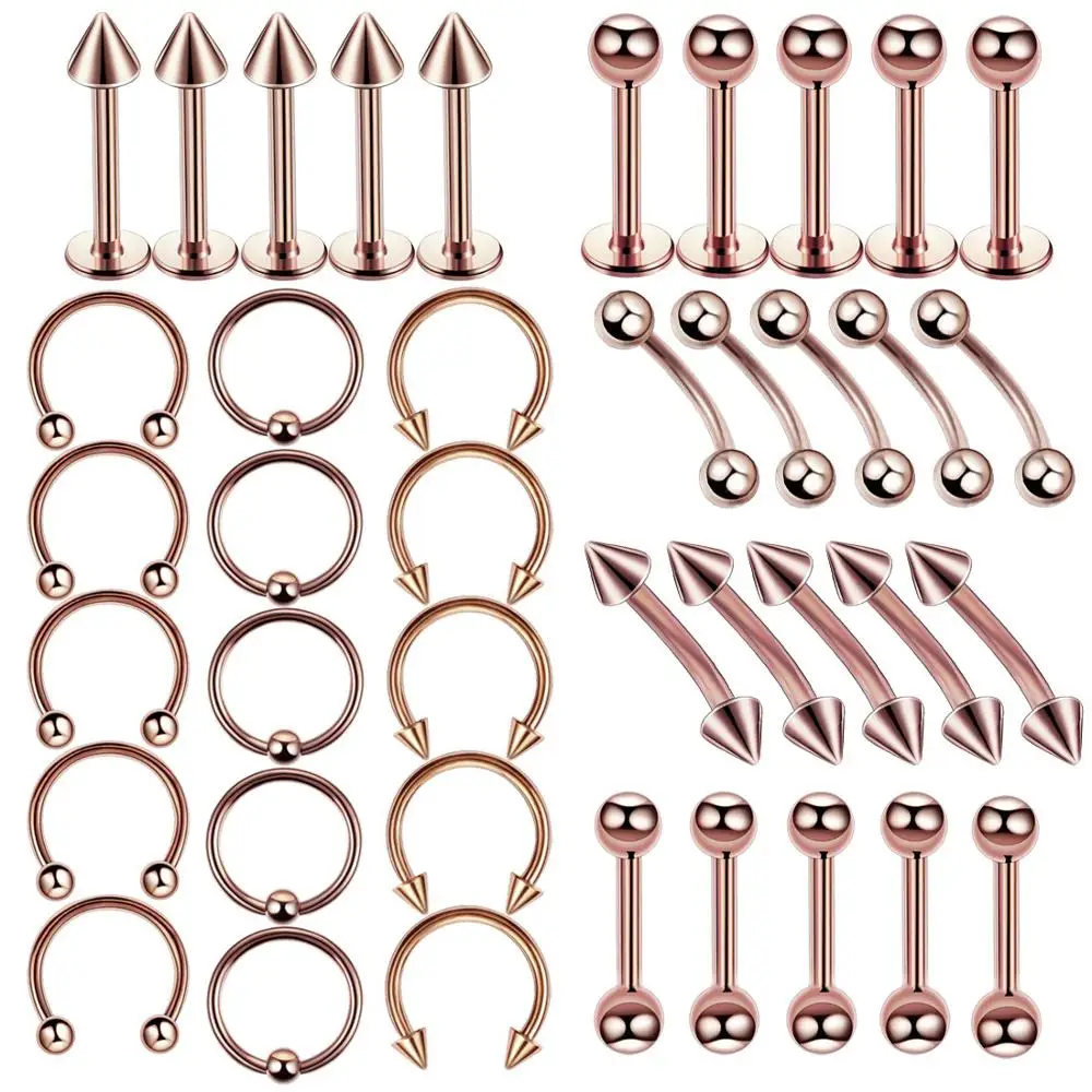 

40PCS Surgical Steel Body Piercing Jewelry Lot Bulk Nose Ring Tongue Bar Lot Eyebrow Labret Piercing Set Horseshoe Ring Lot Pack