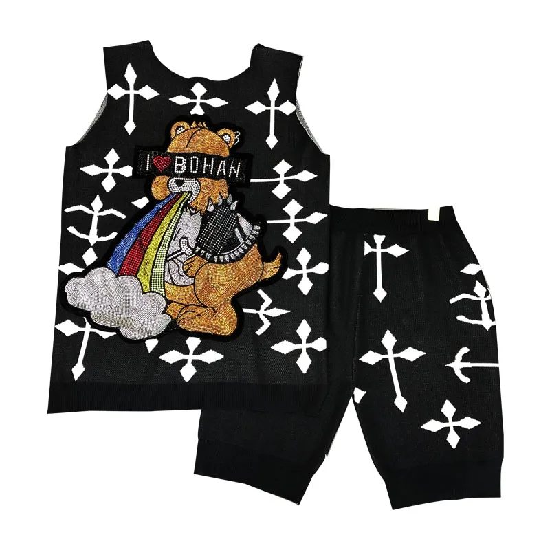 

New cartoon bear hot drilling vest render unlined upper garment knitting shorts three suits