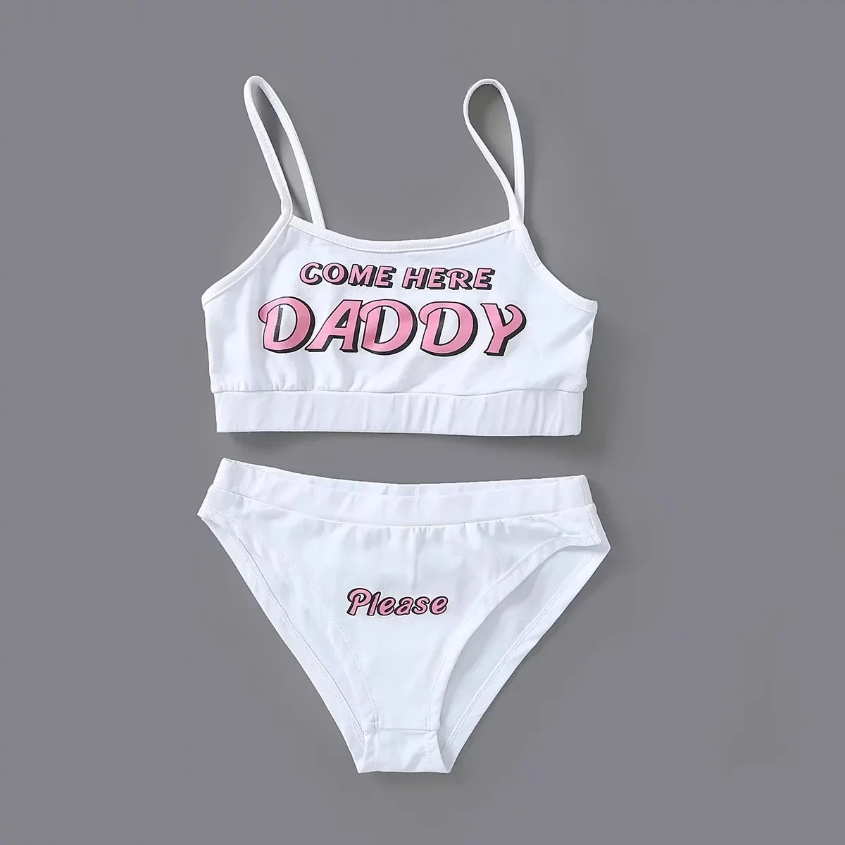 

Two piece set New Fashion COME HERE DADDY Letter Print Tank Top Sexy Sleeveless Summer Harajuku Kawaii Cropped Feminino Bikini