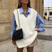 2021 european and american autumn womens solid color loose split v neck sleeveless knitted waistcoat vest womens fashion top