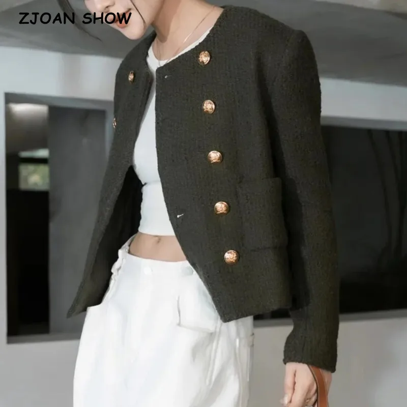 

2021 Autumn Army Green Round Collar Tweed Blazer Vintage Women Center Front Buttons Short Suit Sweet Ladies Coat Outwear