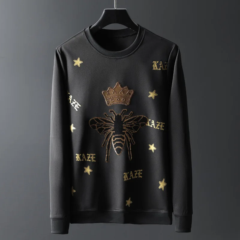 

2021 High Quality Crown Bee Beading Mens Hoodies Full Black Sweatshirts Fashion Style Streetwear Hoodie for Men Clothing Winter