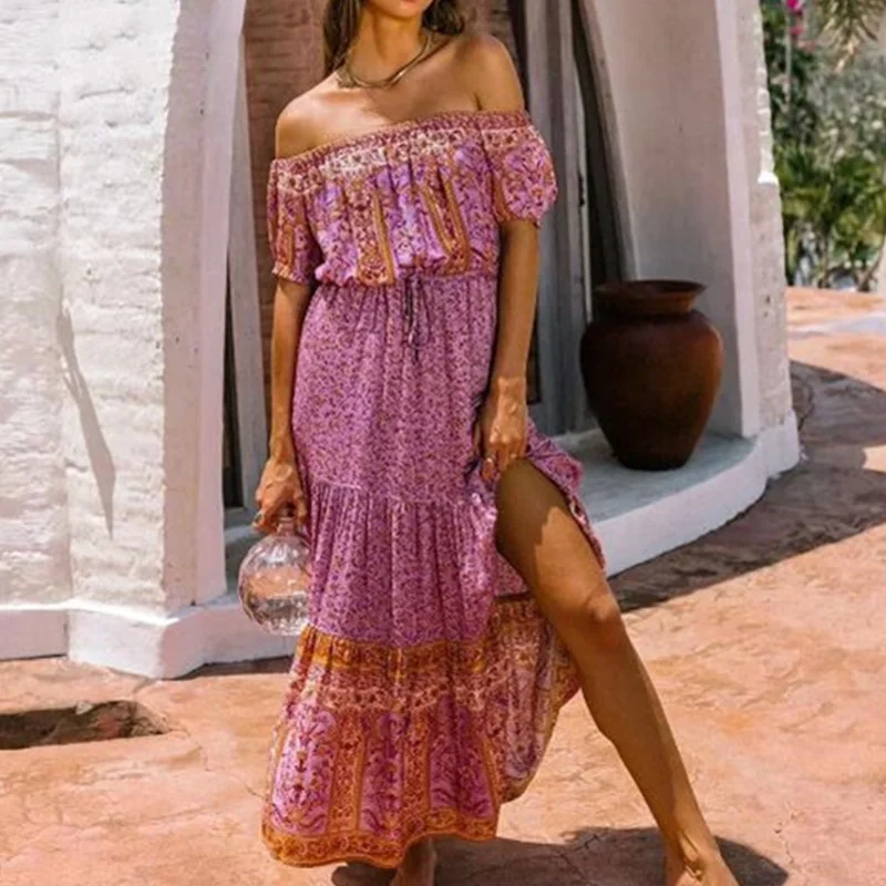 

Dress Floral Print Shoulder Slash Elastic Boho Holiday Dress Ladies Lace-up Waist Short Sleeve Off-the-shoulder Long Skirt