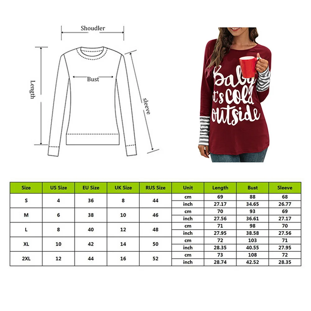 2019 Letter Printted Women Blouses Christmas Snowflake Tops Long Sleeve Stripe Pactwork O Neck Casual Blusas Femininas |