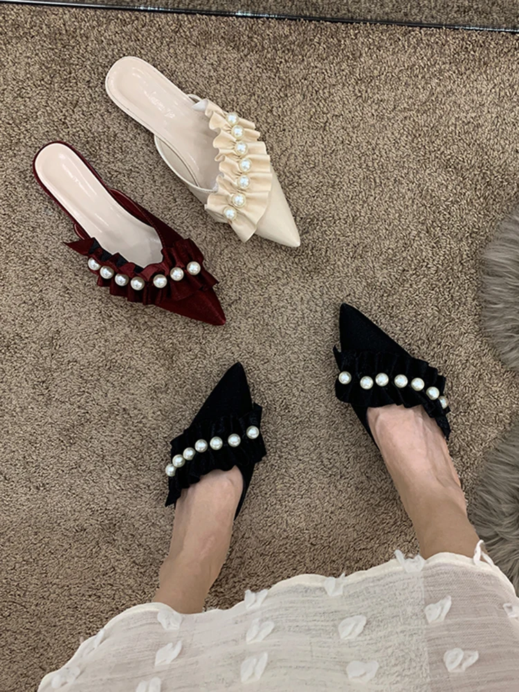 

Slippers Women Summer Cover Toe Slides Female Shoes Mules Sexy Thin Heels Low Fashion 2021 Luxury Rubber Rome PU Cover Toe Femal