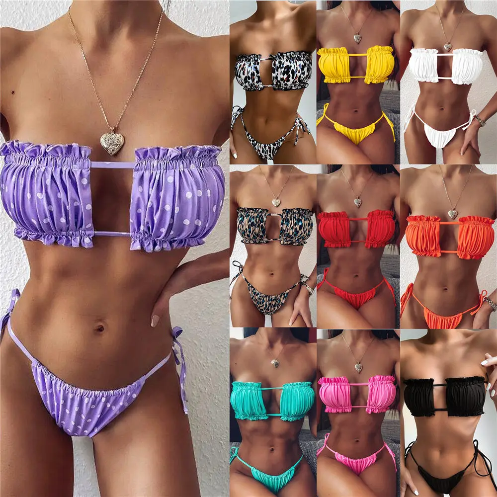 

Sexy Solid Color Pleated Cutout Bikini Leopard Polka Dot Print Two-pieces Bikini Sets Women Split Swimsuit Beach Bather Swimwear