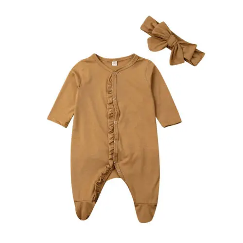 3Colors Newborn Infant Baby Boy Girl Autumn Clothes Romper Jumpsuit Headband Sleepwear Pyjamas